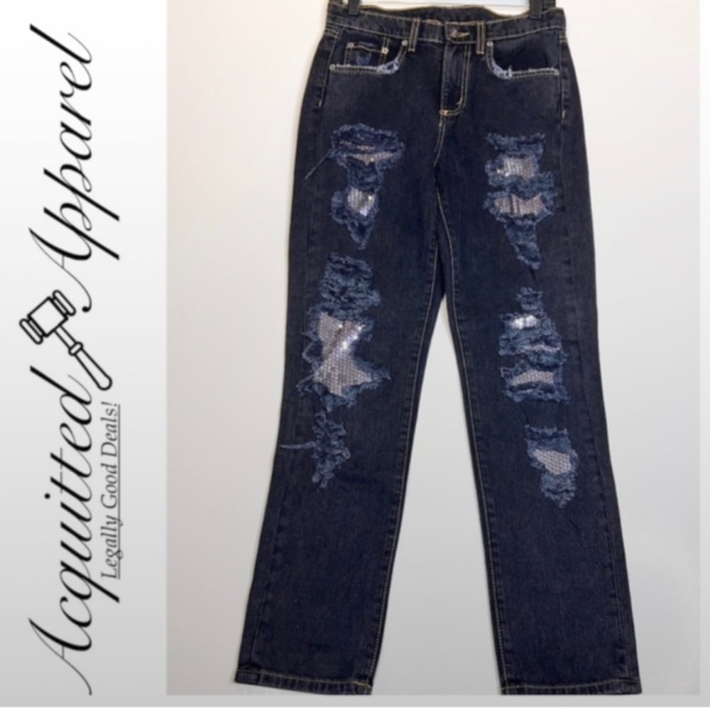 CARMAR NWT Distressed Squin Mid Rise Baggy Jean 35 Made in LA